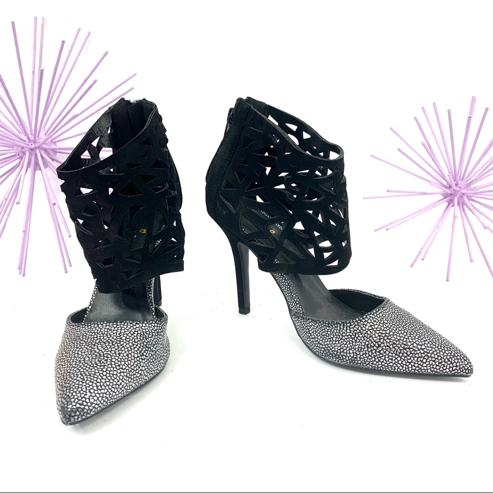Qupid /Textured Suede Lazer Cut Ankle Strap Point